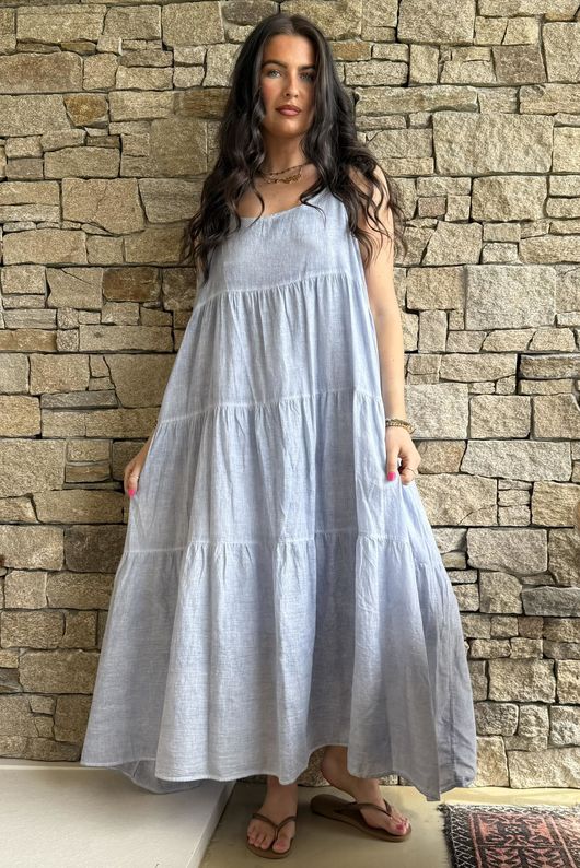 Lenni Cotton Tiered Dress Washed Denim